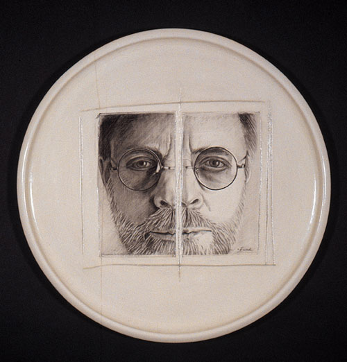 Verne Funk, California, USA, Split—Portrait of the Artist, 18 in. (46 cm) in diameter, wheel-thrown whiteware, underglaze pencil, glaze, 1996