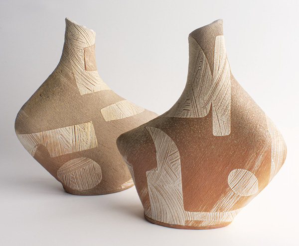 2 Yael Braha's Vases, 10 1/2 in. (26.7 cm) in height, stoneware, slip, glaze, fired to cone 10 in a wood kiln, 2024. Photo: Colin Hopkins.