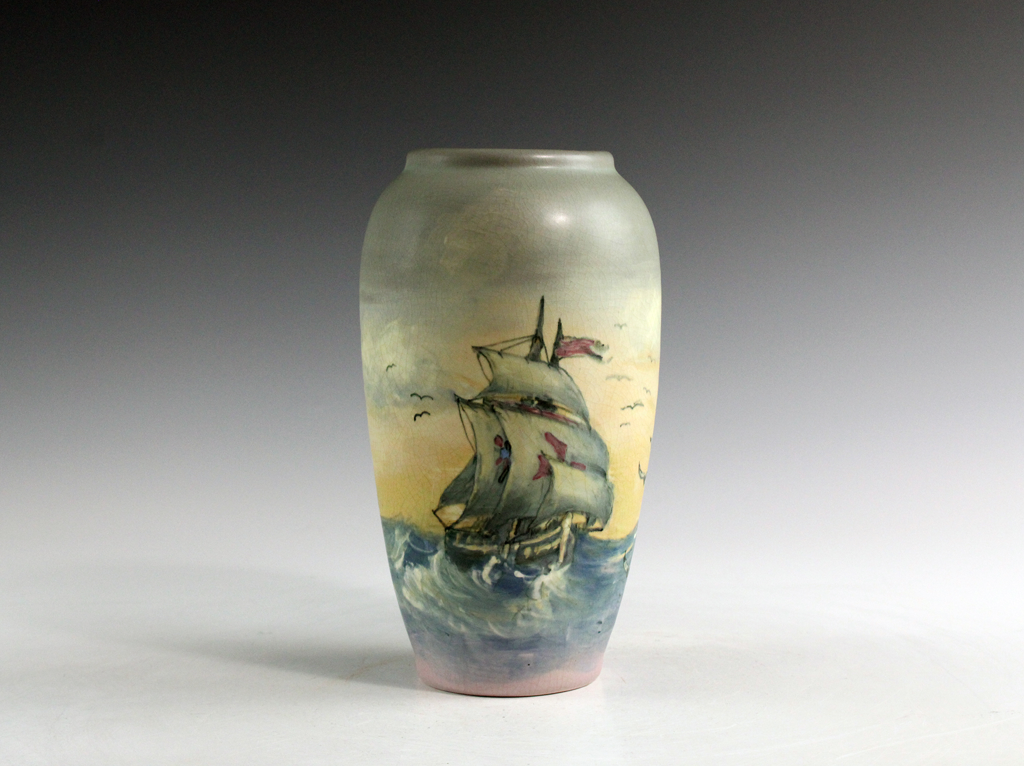 Weller Pottery Company (1872-1948), Hudson (Scenic) Vase Featuring Ships, Decorated by Hester W. Pillsbury (1862-1951), earthenware, glaze, and underglaze. Gift of Mark and Marie Latta, 2022.017.112