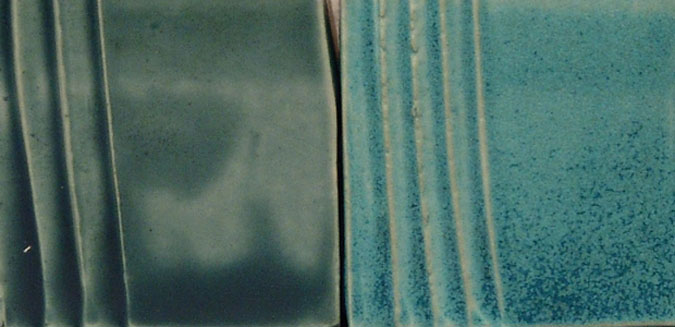 Dixie Teal. Left: Fired on a medium speed cone 6 program, resulting in a glossier, darker color. Right: Fired to the cone 6 program on page 14, resulting in a lighter, speckled glaze