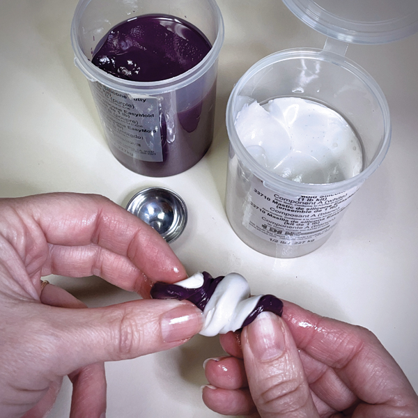 2 Measure and mix equal parts of the two silicone putty ingredients. 