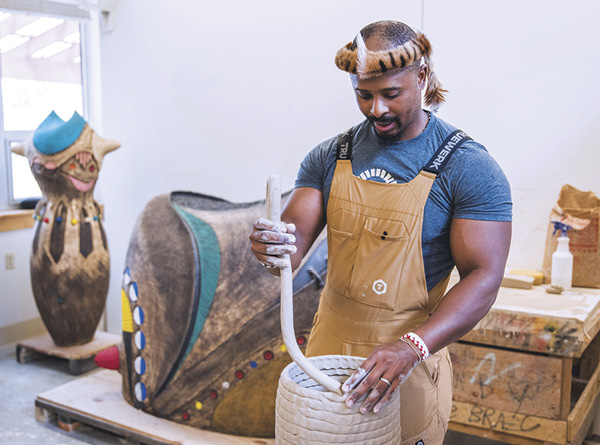 6 Simphiwe Mbunyuza, 2022–2023 Bray Long Term Resident Artist, building a sculpture. Residency venue: Archie Bray Foundation, Helena, Montana.