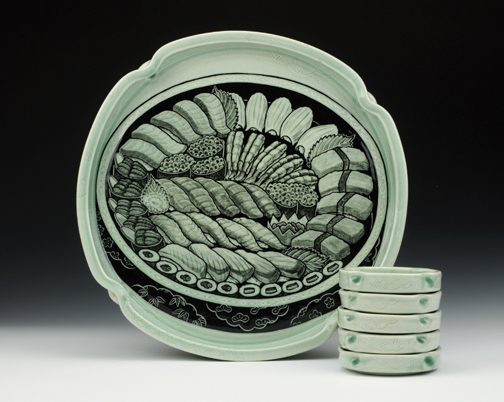 Sushi platter set, platter: 15 in. (38 cm) in diameter, small plates: 4½ in. (11 cm) in diameter, wheel-thrown and altered mid-range porcelain, 2018.