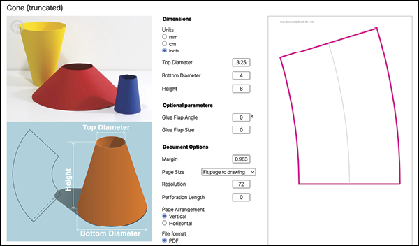 4 In the “More Options” screen on TemplateMaker.nl, select your measurement unit (I use inches) and enter the top, bottom, and height measurements of your future vessel.