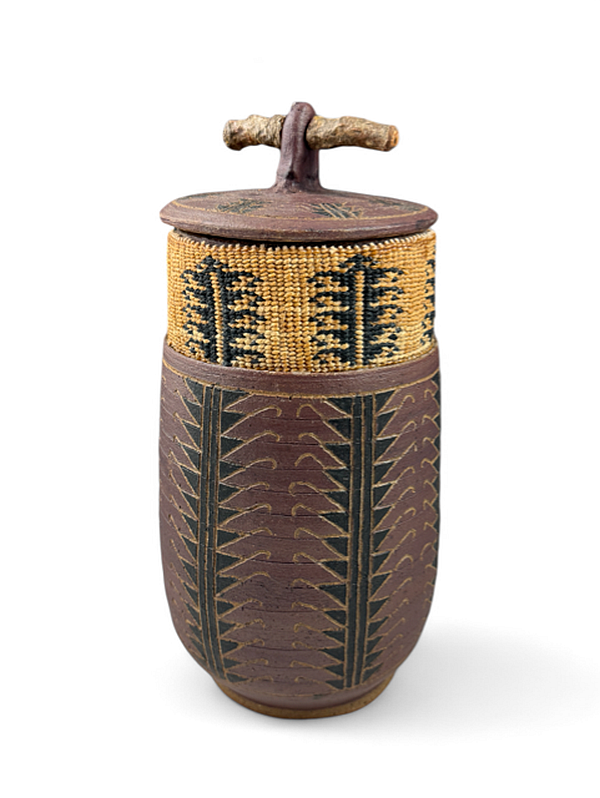 Image of lidded vessel with basket-wrapped neck, 9.5 inches in height, by Larry Richmond