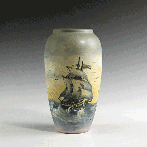 Weller Pottery Company (1872-1948), Hudson (Scenic) Vase Featuring Ships, Decorated by Hester W. Pillsbury (1862-1951), earthenware, glaze, and underglaze. Gift of Mark and Marie Latta, 2022.017.112